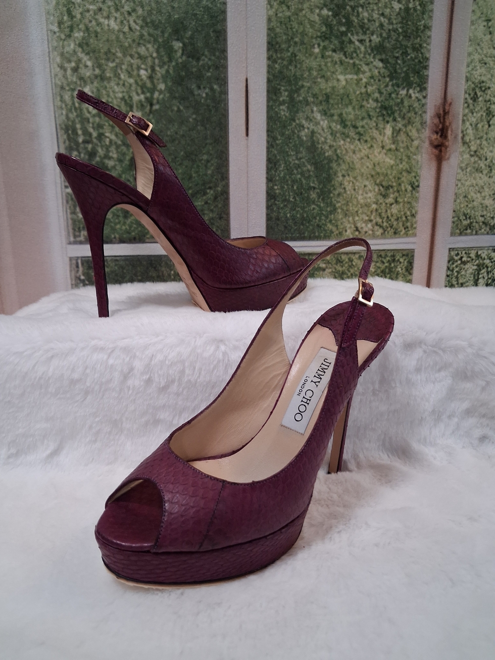 🍷 Authentic Jimmy Choo Burgundy Plum Python Peep Toe Platform Slingbacks  EU 38